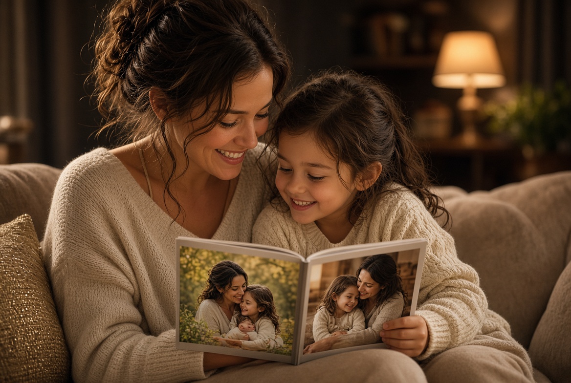 Mom and daughter looking through a custom photo book